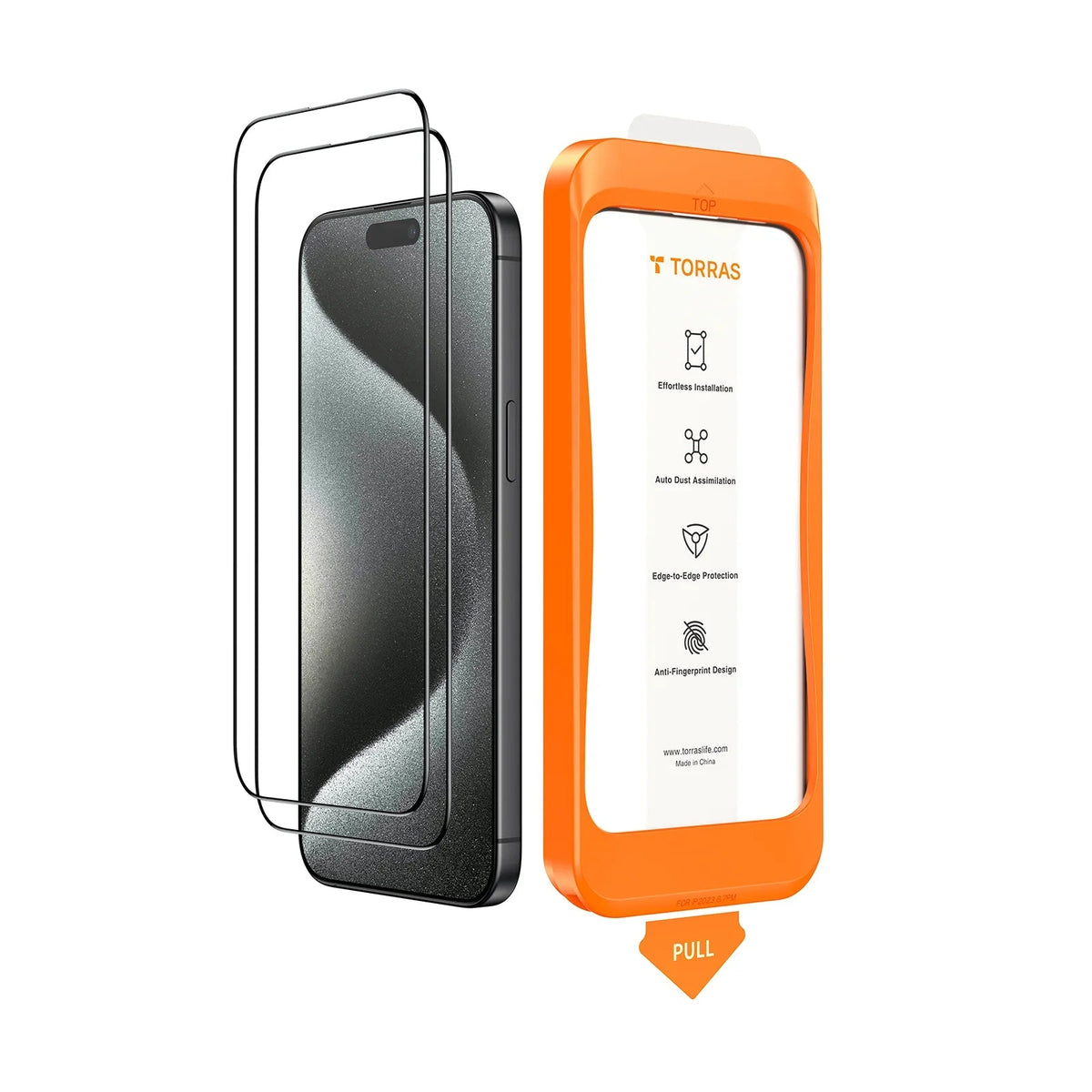 TORRAS GlassGo iPhone 15 screen protector: InstaFit, Tora-Silk, anti-fingerprint.