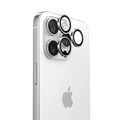 iPhone 15 Pro with TORRAS Lensguard camera lens protectors applied to its triple rear cameras.