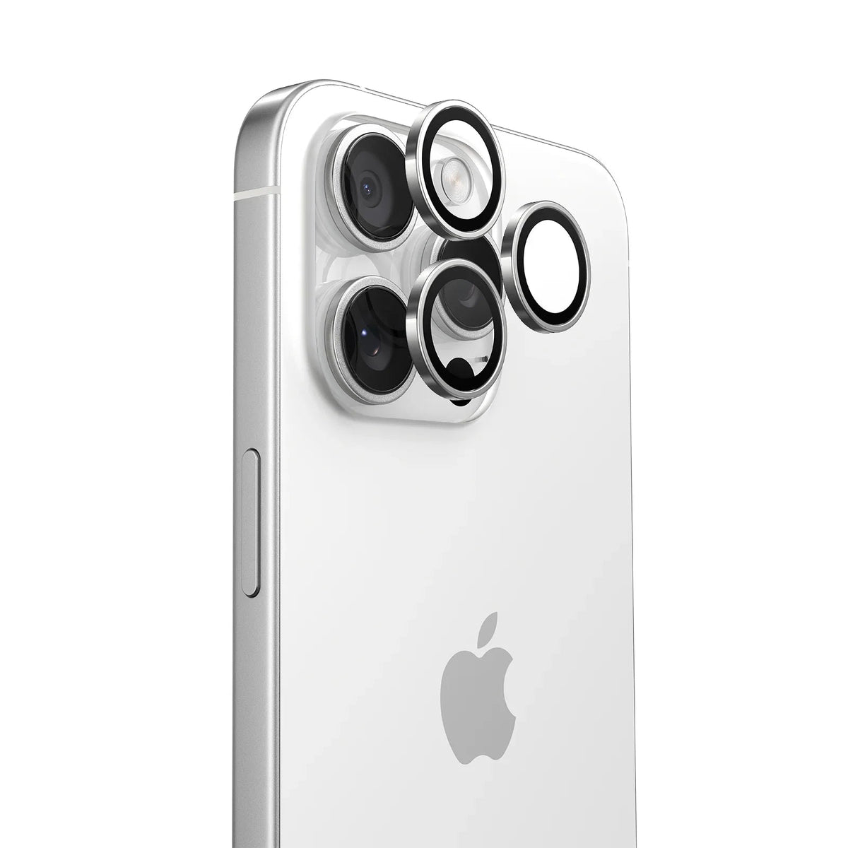 iPhone 15 Pro with TORRAS Lensguard camera lens protectors applied to its triple rear cameras.