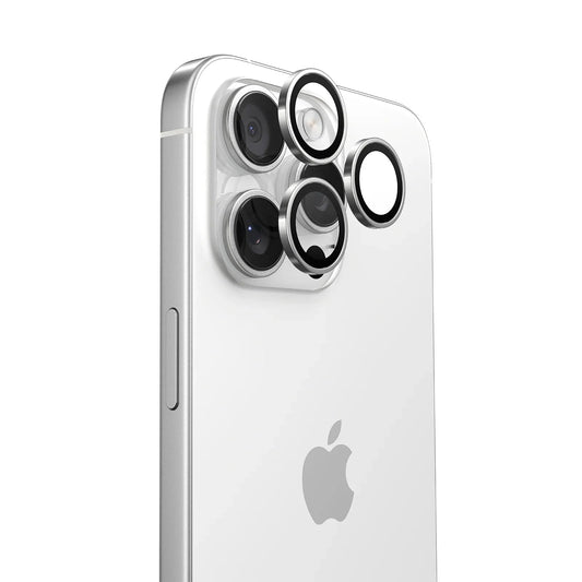 iPhone 15 Pro with TORRAS Lensguard camera lens protectors applied to its triple rear cameras.