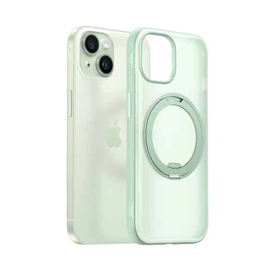 TORRAS Ostand O3 Fitness iPhone 15 case, transparent light green with magnetic stand.
