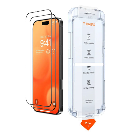 TORRAS GlassGo screen protector for iPhone 16 Pro, showing edge-to-edge protection and anti-fingerprint features.