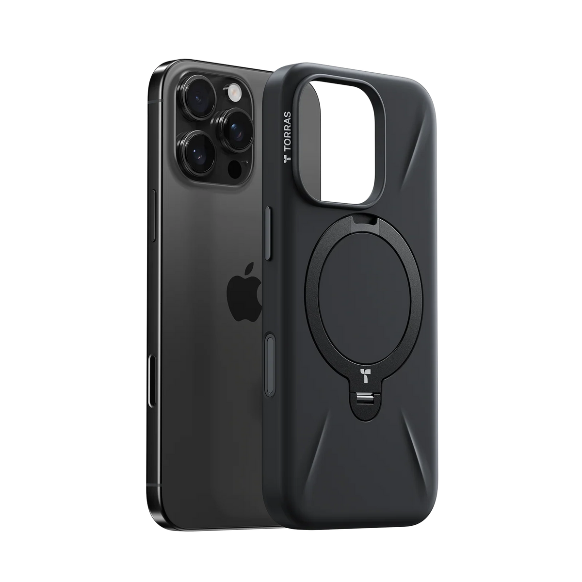 Black TORRAS Ostand Q3 silicone case with magnetic stand for iPhone 16 Pro Max.