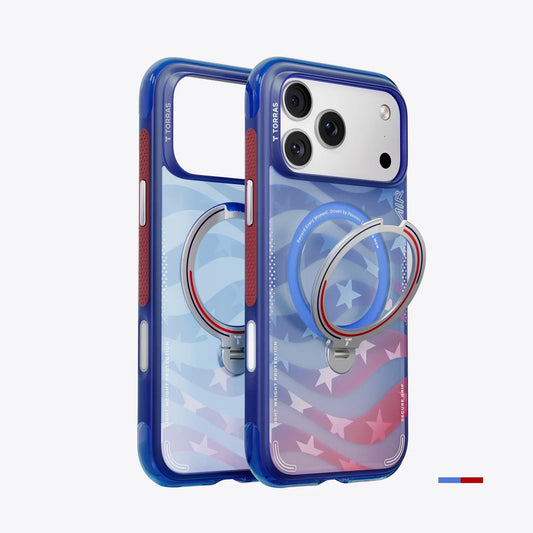 TORRAS Ostand Q3 Air iPhone 17 Pro Max case: blue flag design, magnetic stand.