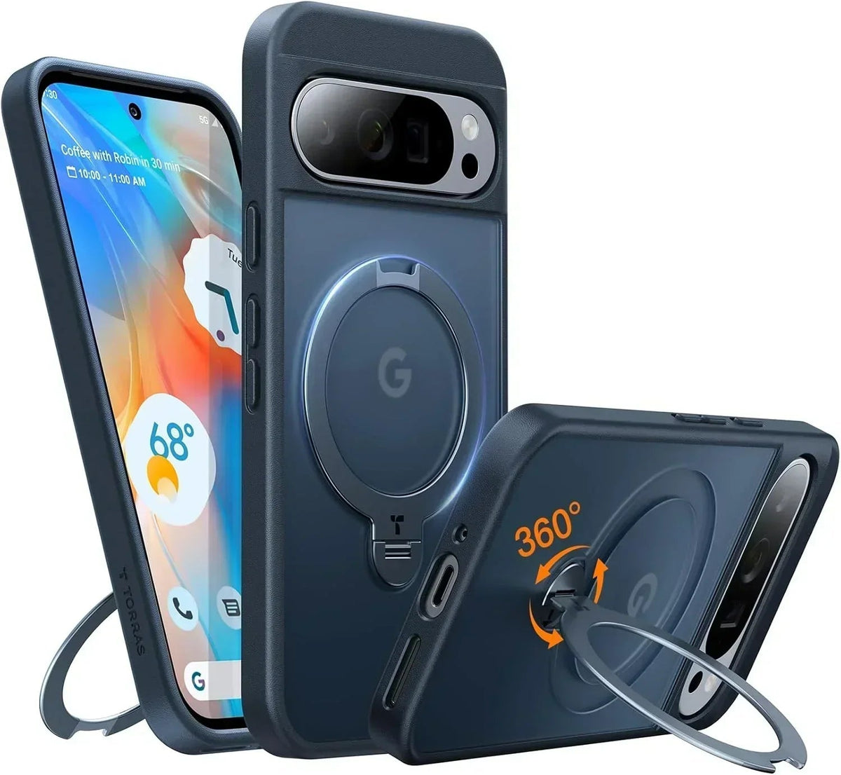 Dark blue TORRAS Ostand Q3 Spin Google Pixel 9 Pro XL case with rotating 360° kickstand.