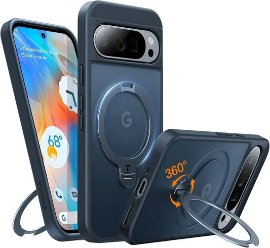 Dark blue TORRAS Ostand Q3 Spin Google Pixel 9 Pro XL case with rotating 360° kickstand.