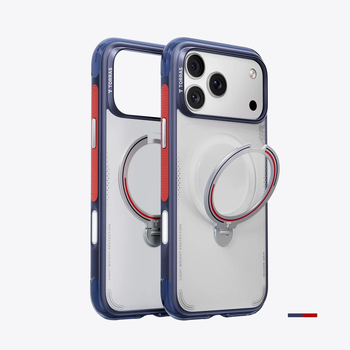 TORRAS Ostand Q3 Air Football Limited iPhone 17 Pro Max case with blue frame, red grip, and ring stand.