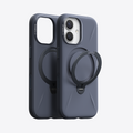 Dark blue TORRAS Ostand Q3 silicone iPhone 17 case with magnetic ring stand.