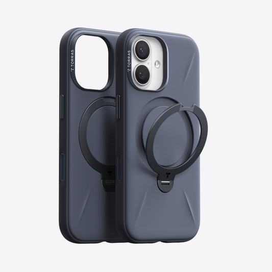 Dark blue TORRAS Ostand Q3 silicone iPhone 17 case with magnetic ring stand.