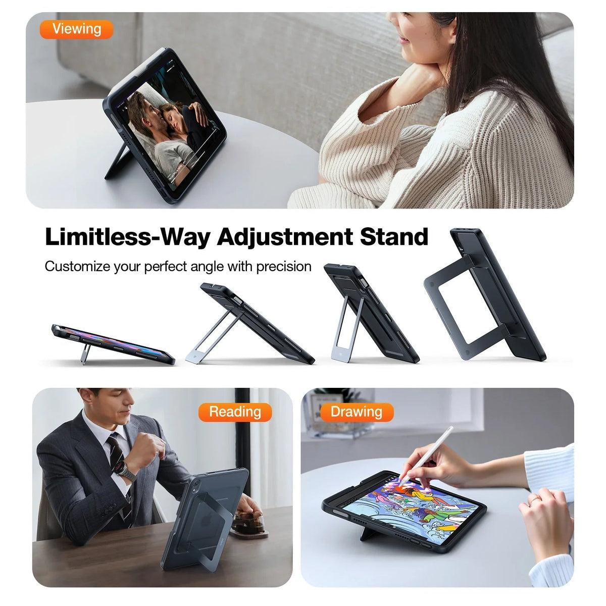 TORRAS Ostand case for iPad Mini 6/7 with adjustable stand and integrated pencil holder.