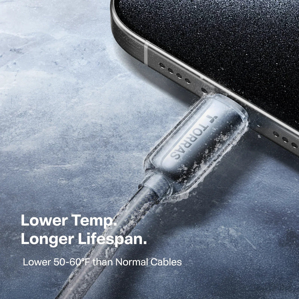 TORRAS Iceflow cable with frost: cool charging for longer battery life. Low temp tech.