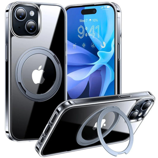 TORRAS Ostand R clear iPhone 15 case with silver magnetic ring stand and chrome edges.