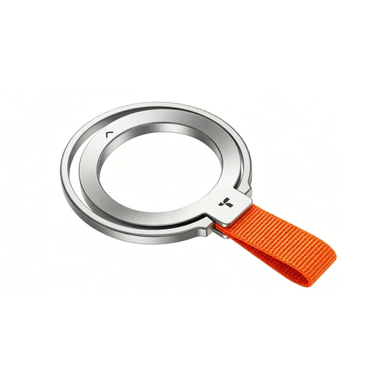 TORRAS Ostand Ring: Silver magnetic phone stand and grip with orange fabric loop.