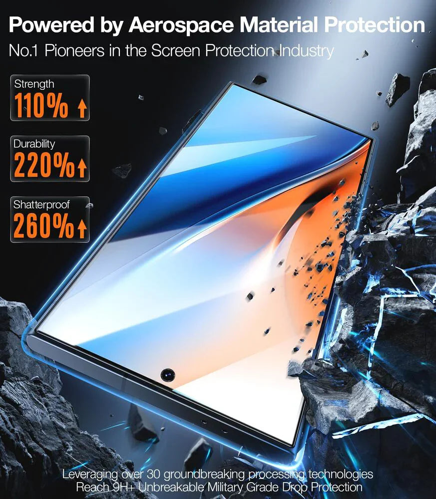 TORRAS GlassGo S24 Ultra screen protector: Aerospace material, 9H+ hardness, military grade drop protection.