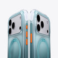 TORRAS Ostand O3 Air case for iPhone 17 Series, transparent blue with orange buttons and built-in stand.