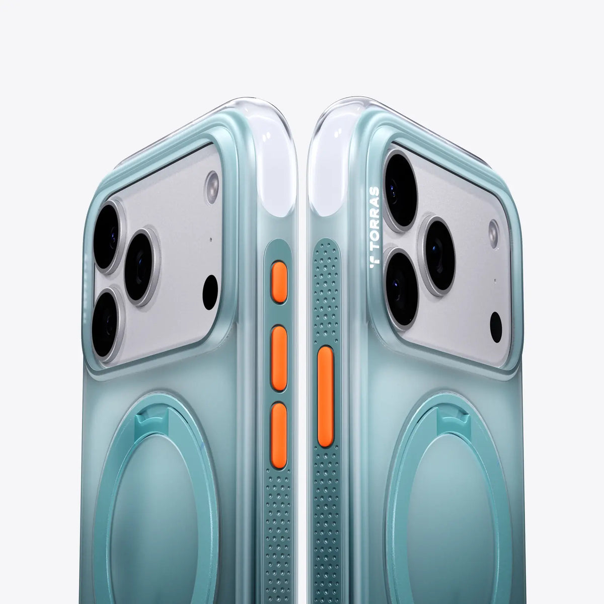 TORRAS Ostand O3 Air case for iPhone 17 Series, transparent blue with orange buttons and built-in stand.
