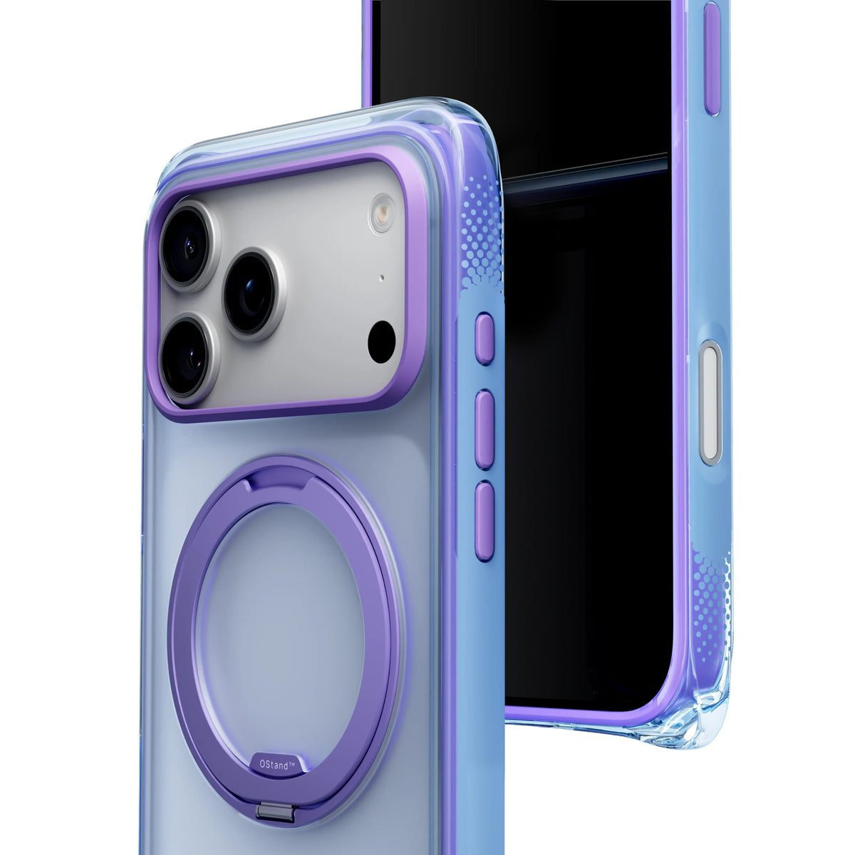 TORRAS Ostand O3 Air Bios case for iPhone 18 Pro in purple, back and side view