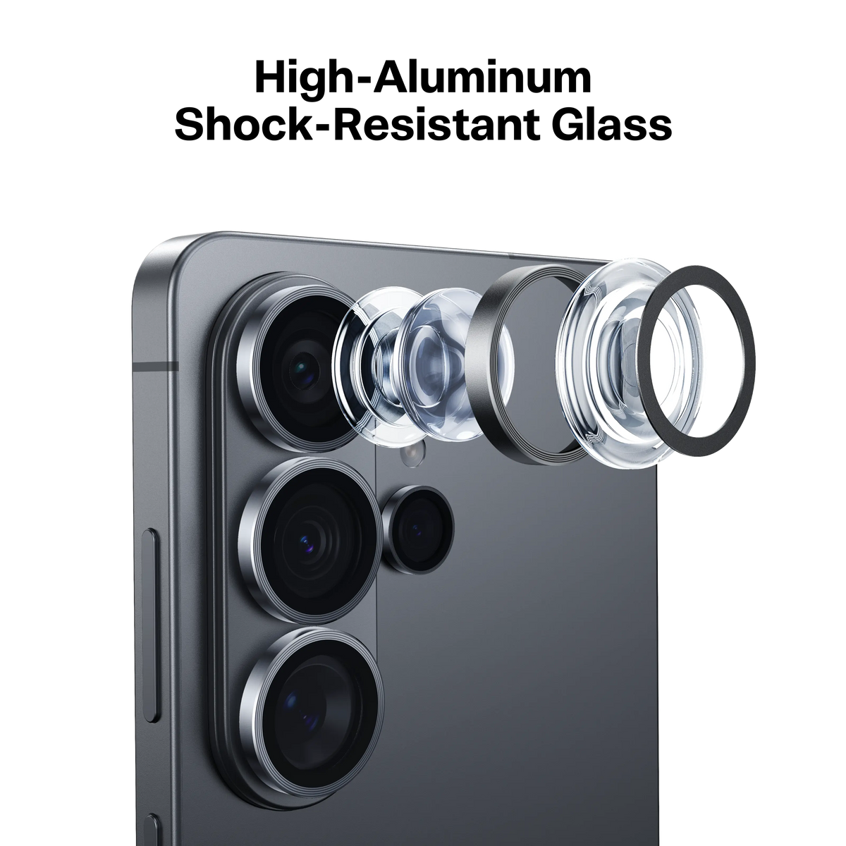 Detailed view of Samsung S26 Ultra camera lenses with protective rings and glass components.