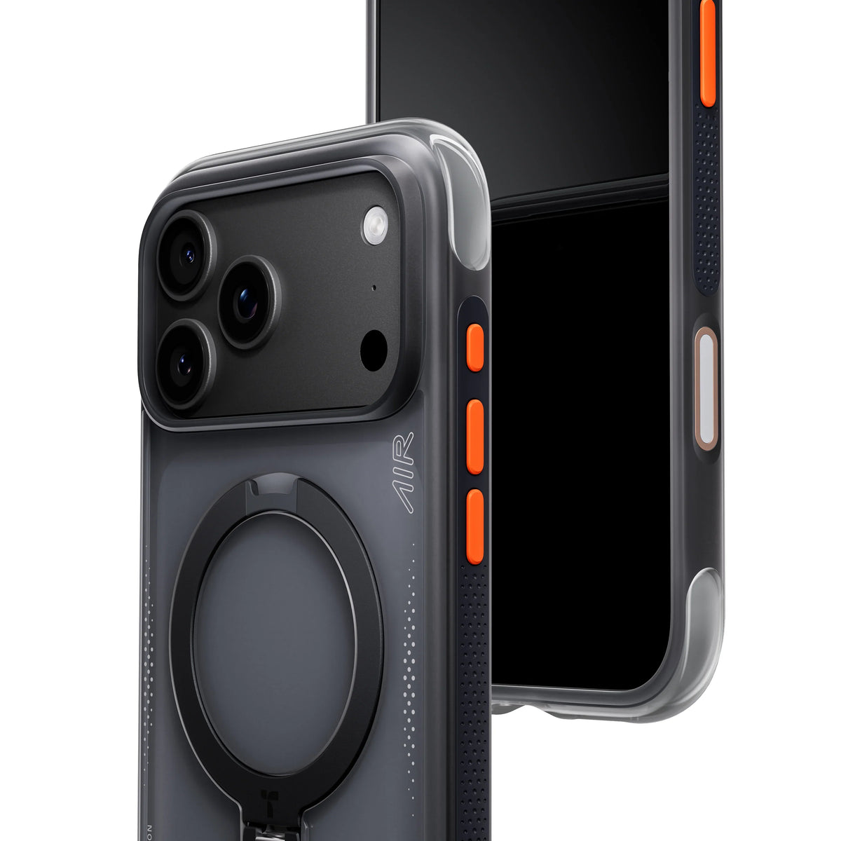 TORRAS Ostand Q3 Air case for iPhone 18 Pro/Pro Max in dark gray with a ring stand, back and side view