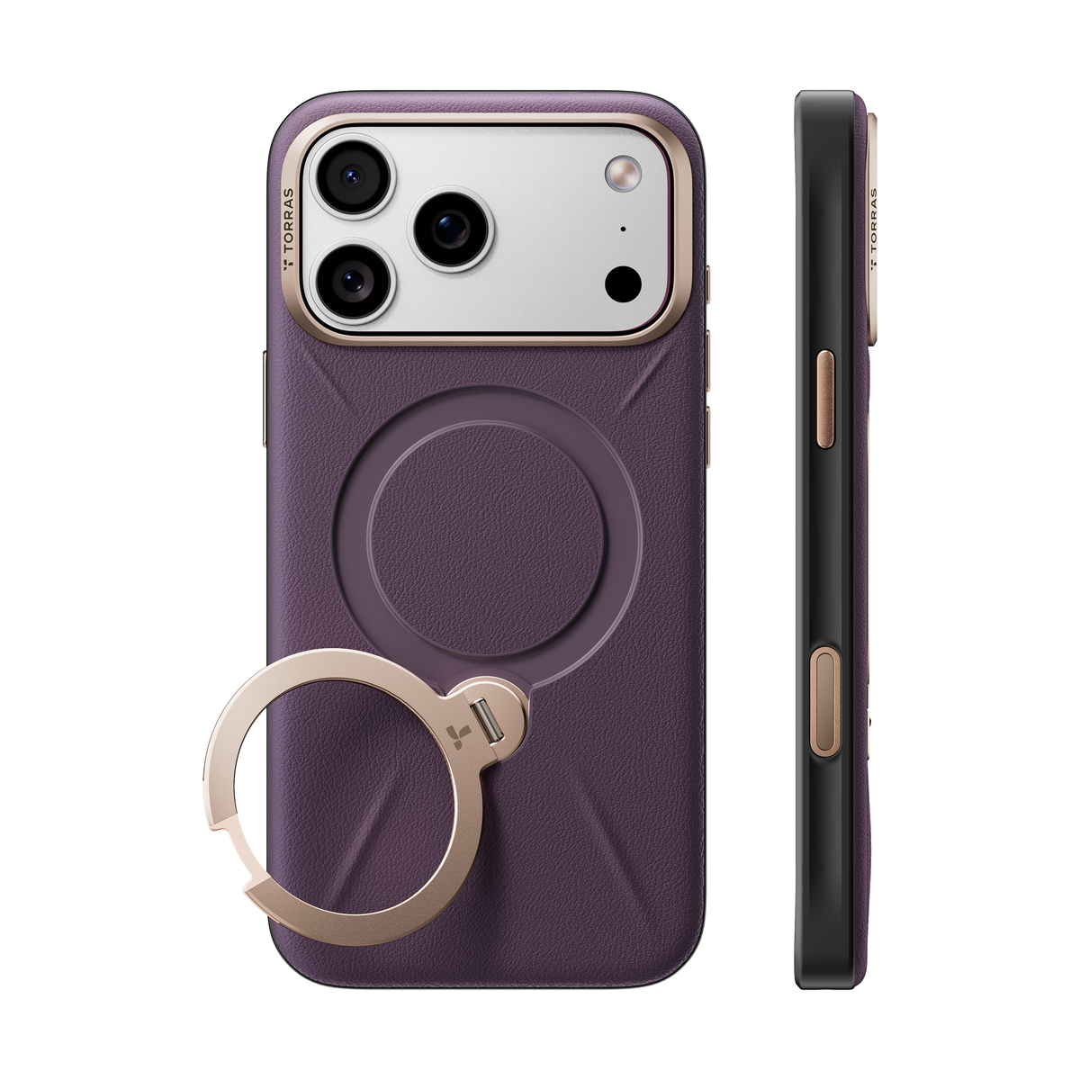 TORRAS Ostand Q3 VegSkin case for iPhone 18 Pro/Pro Max in plum with a champagne ring stand
