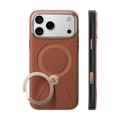 TORRAS Ostand Q3 VegSkin case for iPhone 18 Pro/Pro Max in caramel brown with a gold ring stand