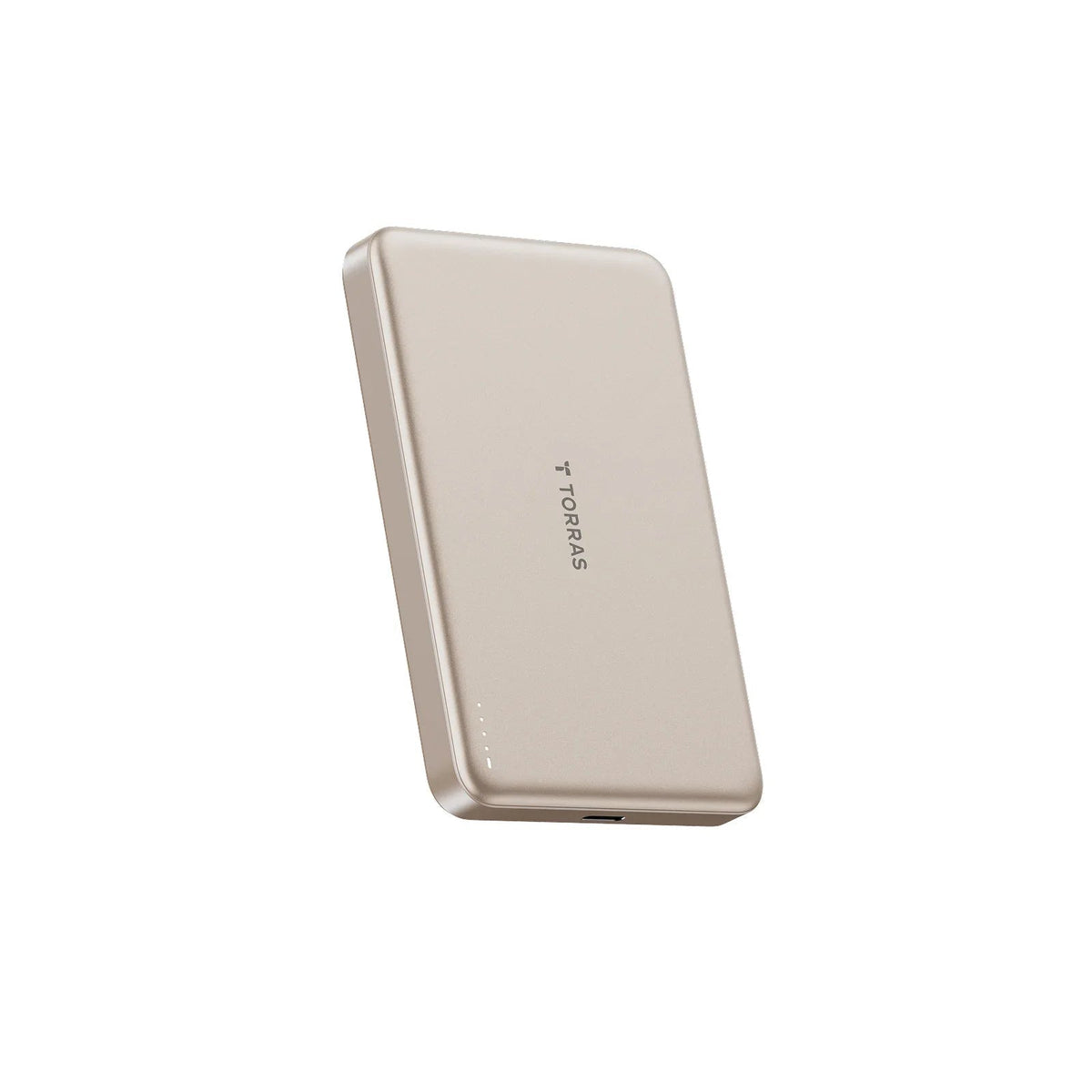 Slim gold TORRAS MiniMag 10k mAh magnetic power bank with LED charge indicators.
