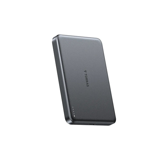 TORRAS MiniMag slim power bank for magnetic charging, 10k mAh, dark grey.
