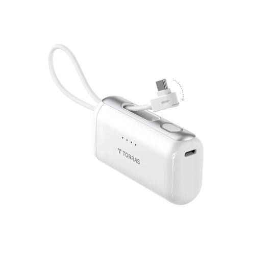 White TORRAS PocketVolt 5000mAh power bank, compact with built-in angled USB-C, no cables needed.