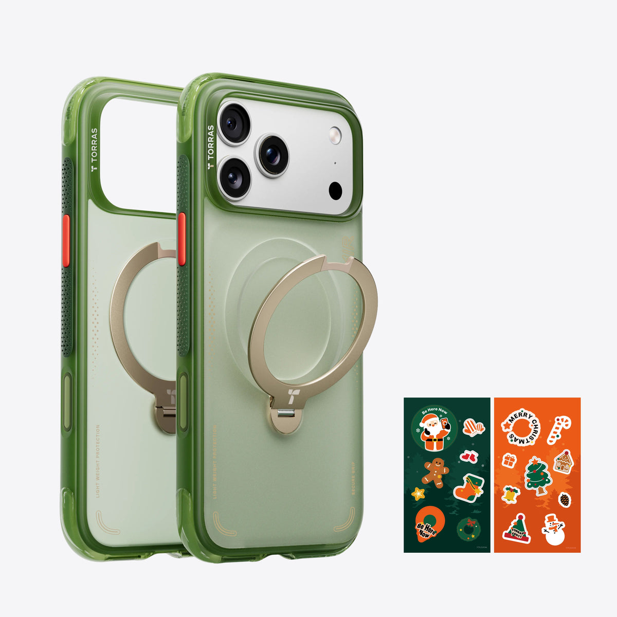TORRAS Ostand Q3 Air green protective iPhone case with magnetic gold ring stand.