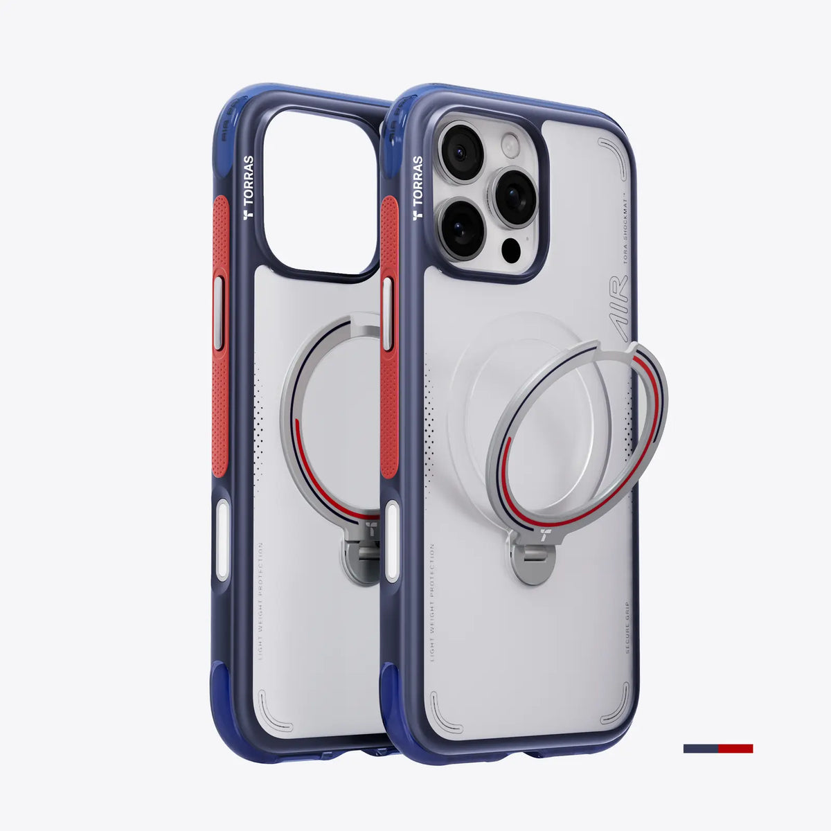 TORRAS Ostand Q3 Air Football Limited iPhone 16 Pro case: clear, blue/red, magnetic stand.