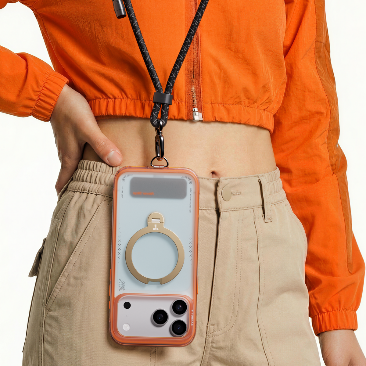 Ostand Q3 Air Colorblock iPhone 17 Pro Max case with magnetic stand, orange and beige