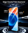 TORRAS GlassGo screen protector for iPhone 13 showing 120% durability and 110% strength.