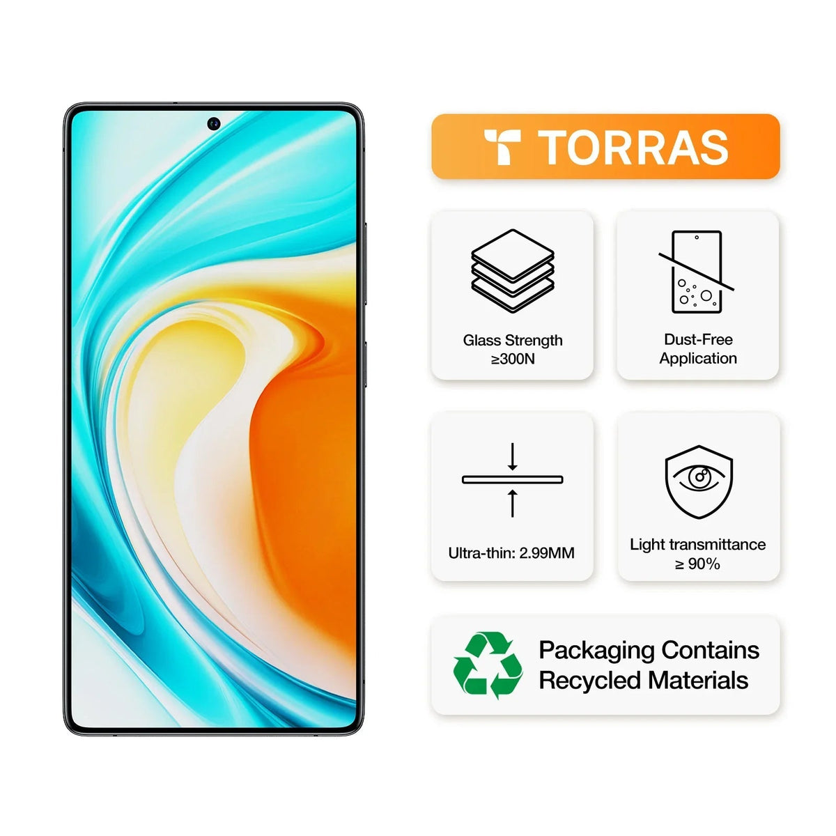 TORRAS GlassGo S25 Ultra screen protector: 300N strength, 2.99mm thin, 90% clear.