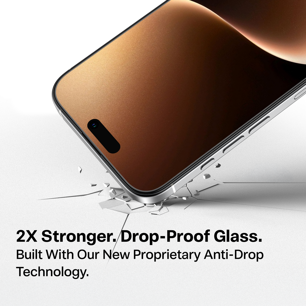 GlassGo screen protector for iPhone 17 Pro, featuring 2X stronger drop-proof glass with anti-drop technology.