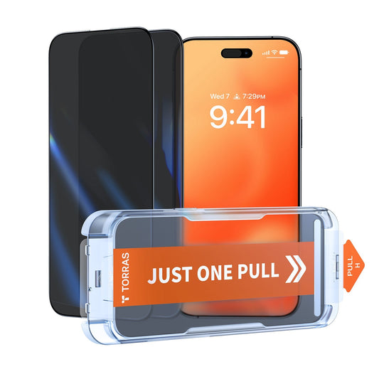 TORRAS GlassGo anti-peep screen protector for iPhone 16 Pro Max with 'JUST ONE PULL' install tool.