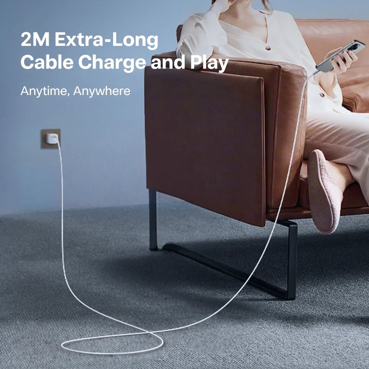 TORRAS Iceflow 2M extra-long charging cable for charging and using phone.