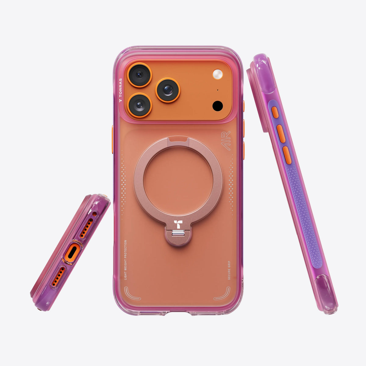 TORRAS Ostand Q3 Air iPhone 17 Pro Max colorblock case: purple, orange, rose gold ring stand.