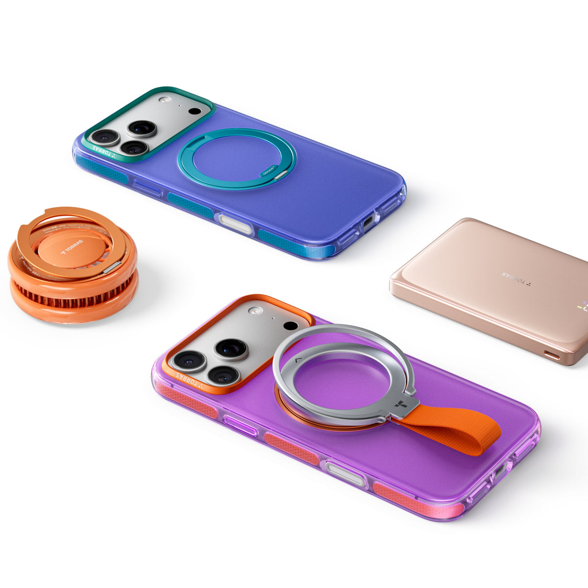 TORRAS Ostand O3 Hue case for iPhone 18 Pro Max lifestyle flat-lay with orange MagSafe charger, pink battery, and two cases