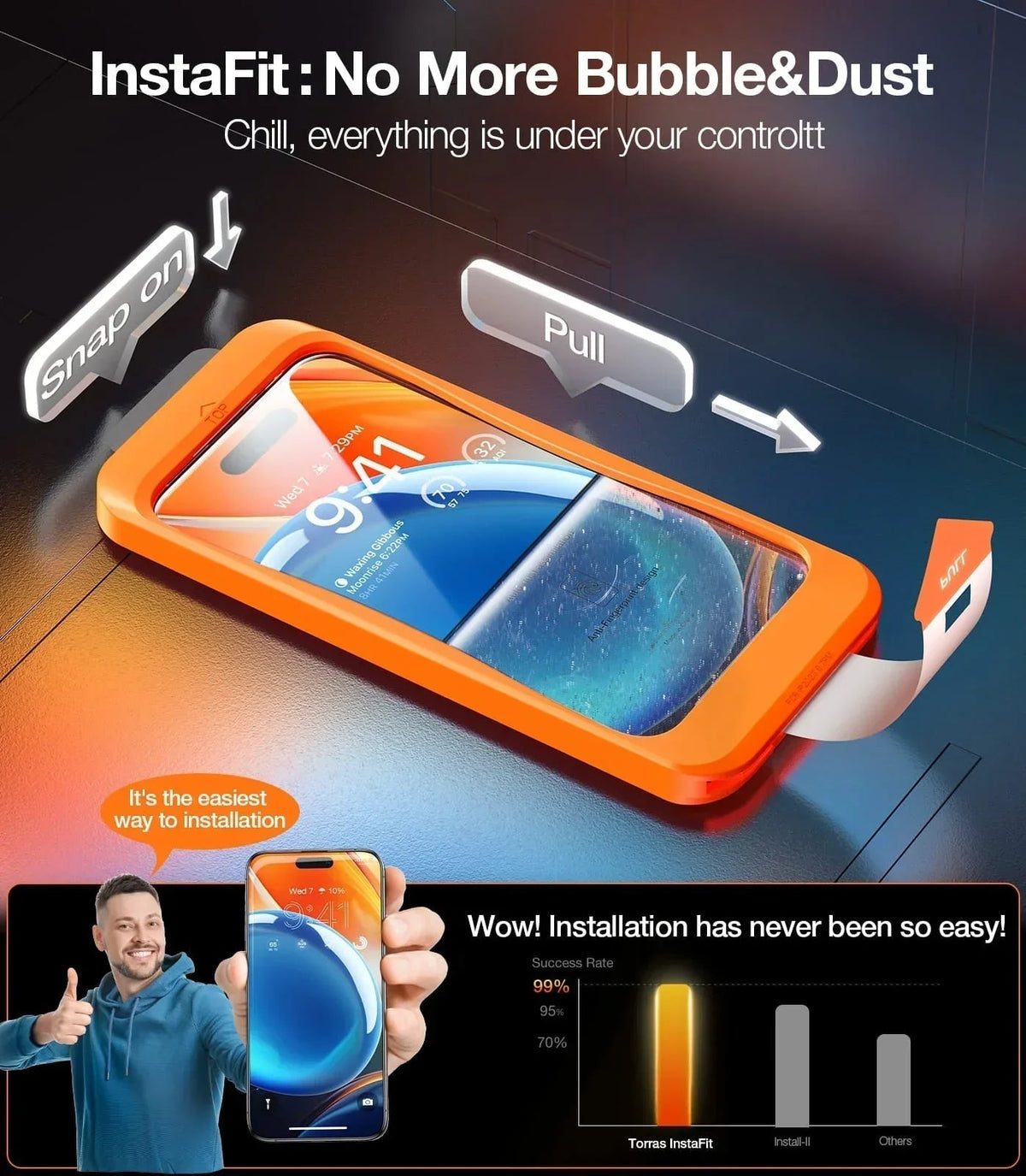 TORRAS InstaFit iPhone 14 screen protector installation guide, bubble-free setup.
