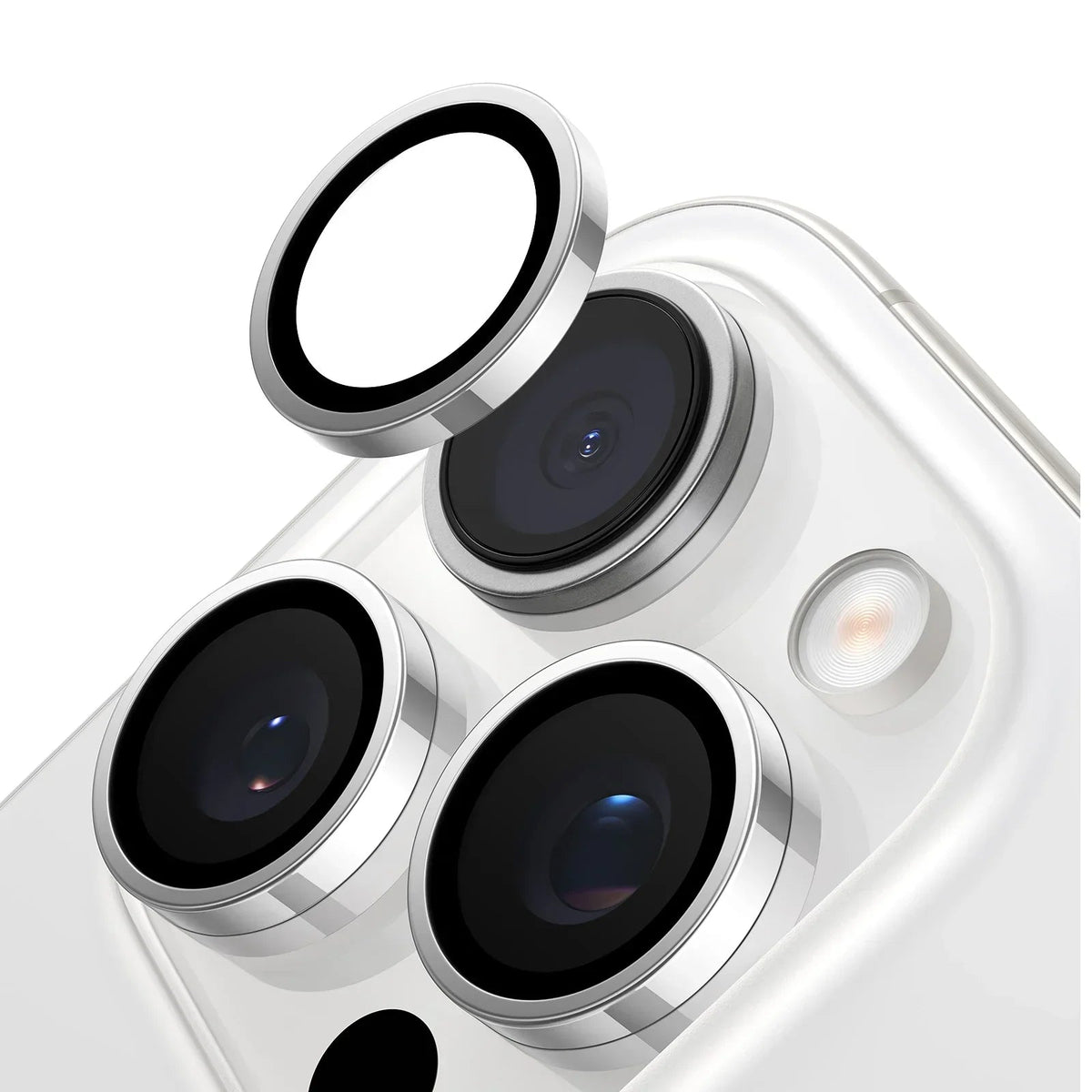 TORRAS Lensguard camera protector for iPhone 16 Pro Max, silver ring around rear lenses.