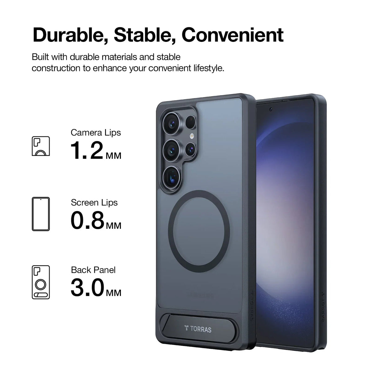 TORRAS Ostand L1 case for Samsung S25 Plus with magnetic stand and raised protective lips.