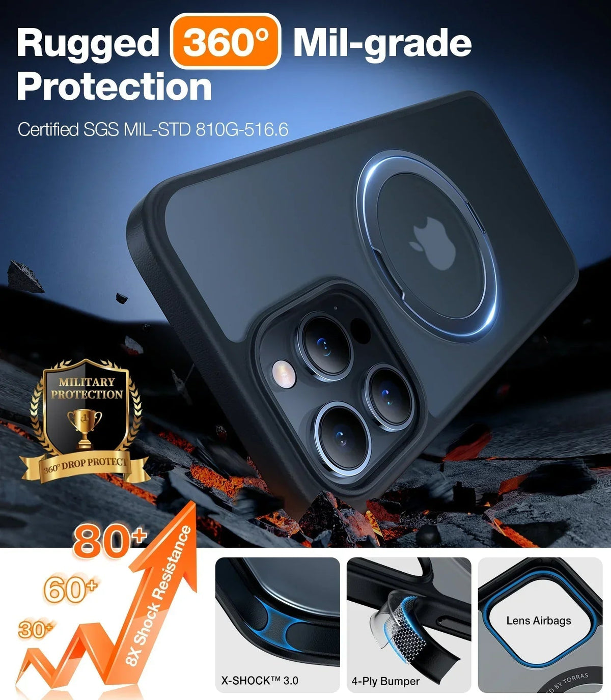 TORRAS Ostand R case for iPhone 15 with magnetic ring, rugged military-grade protection.