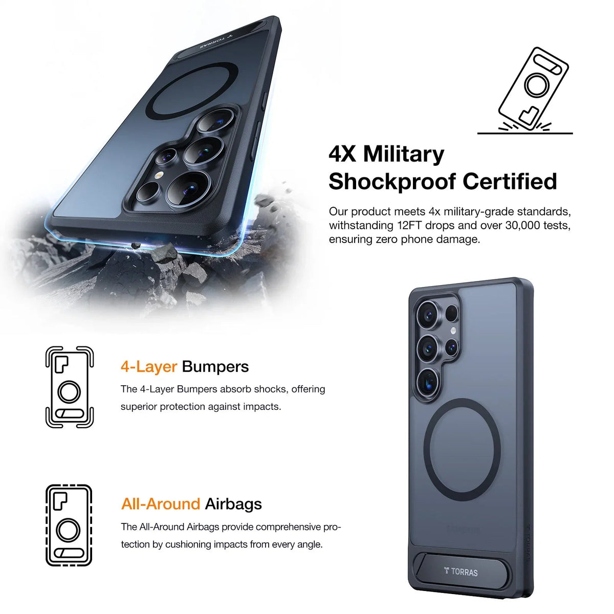 TORRAS Ostand L1 smoky transparent Samsung S25 Plus case, magnetic ring, 4X shockproof.