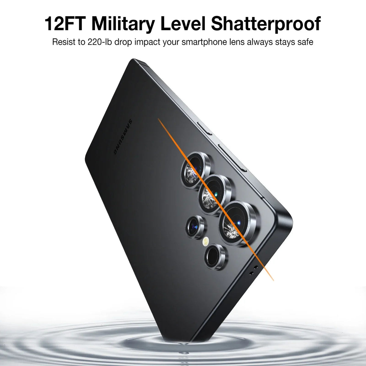 Samsung S25 Ultra LensGuard protector with 12ft military shatterproof drop protection.