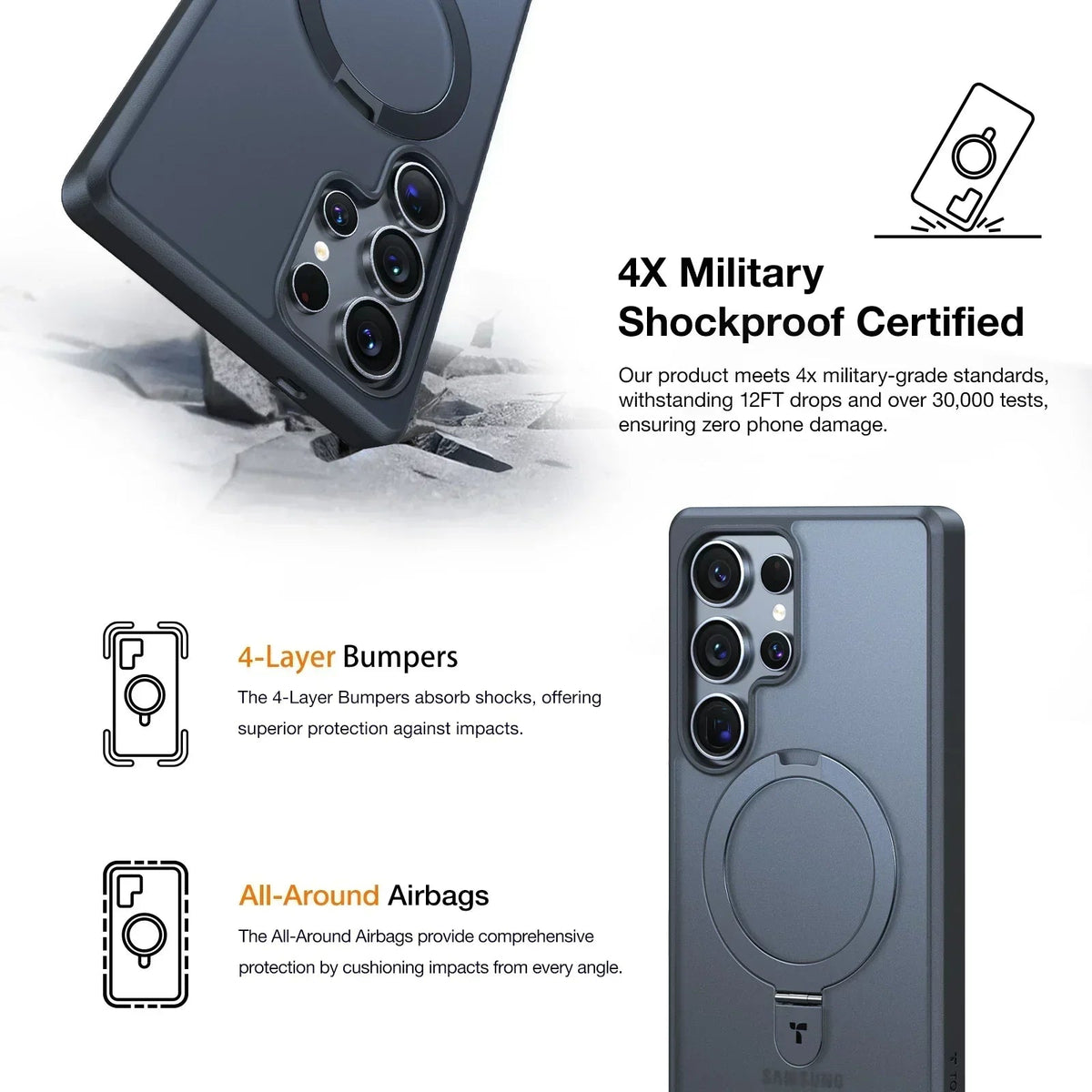 TORRAS Ostand Q1 Guardian Samsung S25 Plus case with magnetic stand, 4X shockproof certified.