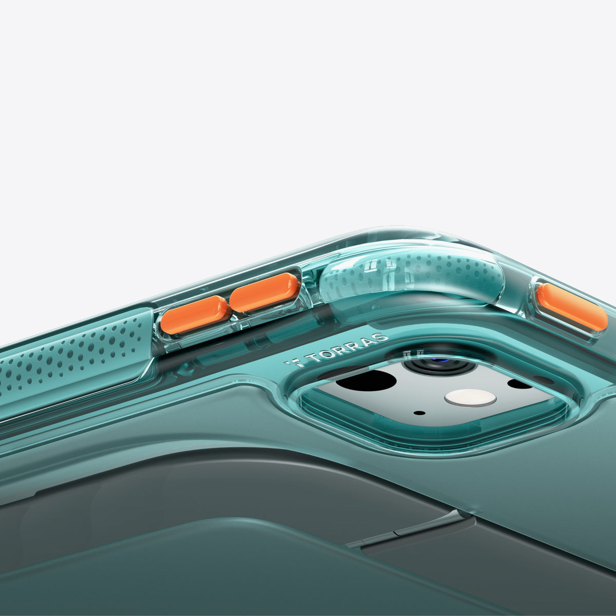 TORRAS Ostand K3 Neo iPad Pro 11 inch case, teal with orange buttons and pencil holder.