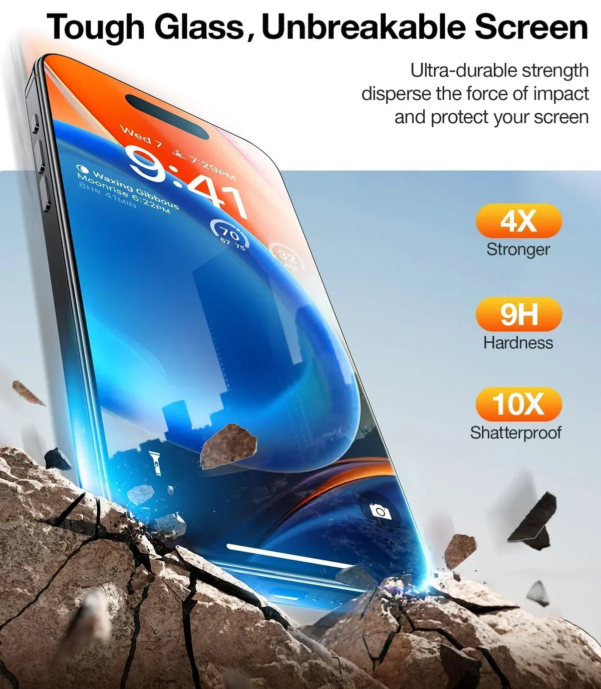 TORRAS GlassGo screen protector for iPhone 14, 10X shatterproof and 9H hardness demonstration.