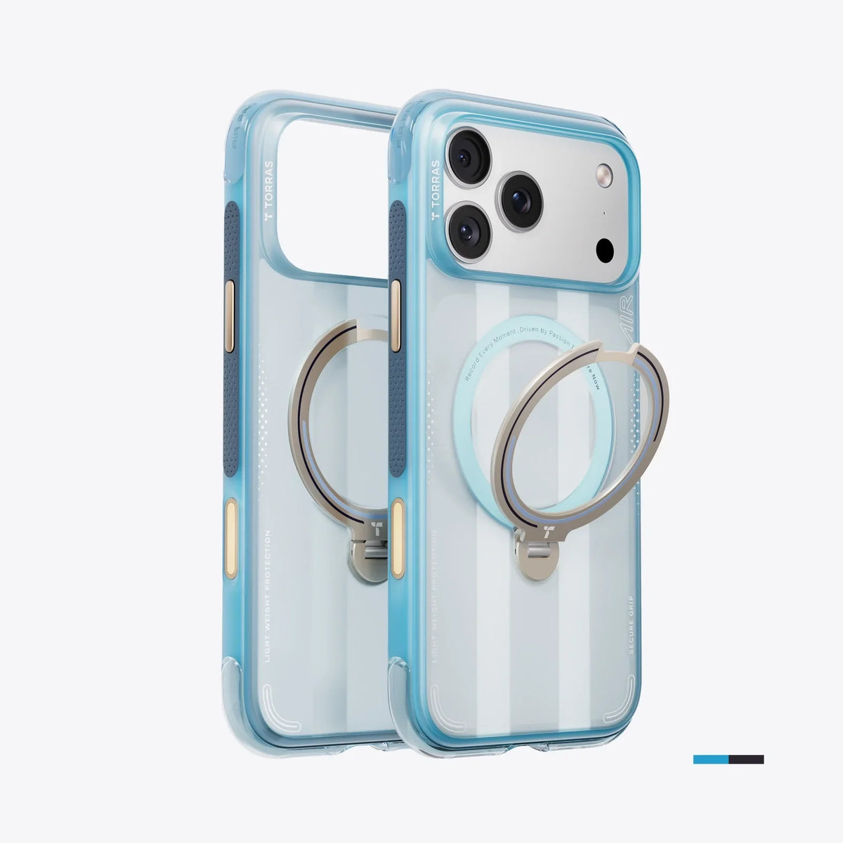 TORRAS Ostand Q3 Air iPhone 17 Pro Max case: lightweight, protective, with blue trim and ring stand.