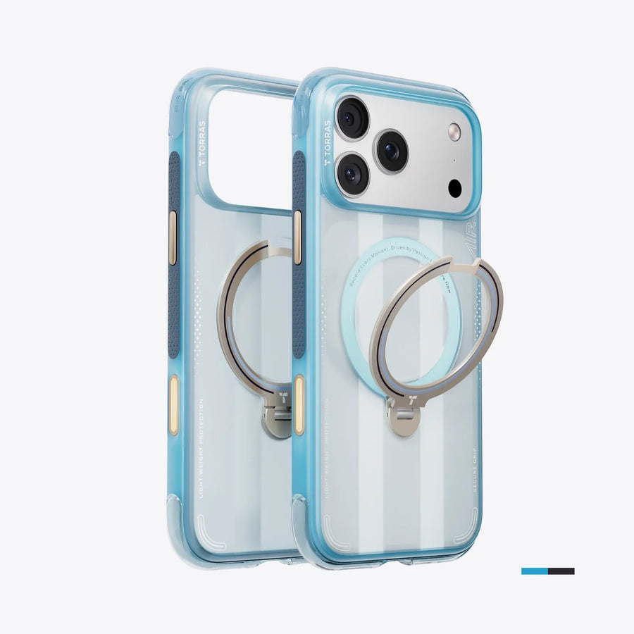 TORRAS Ostand Q3 Air iPhone 17 Pro Max case: lightweight, protective, with blue trim and ring stand. — Pampas Eagle
