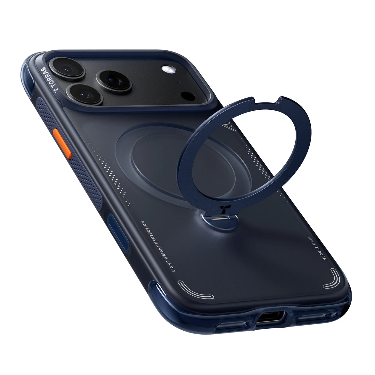 TORRAS Ostand Q3 Air case for iPhone 18 Pro/Pro Max in navy with a ring stand, back angle
